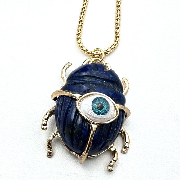 Blue Lapis Lazuli Scarab Beetle Evil Eye Gold Plated Pendant Necklace - Picture 1 of 5